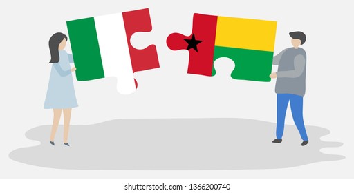 Couple holding two puzzles pieces with Italian and Bissau-Guinean flags. Italy and Guinea-Bissau national symbols together.