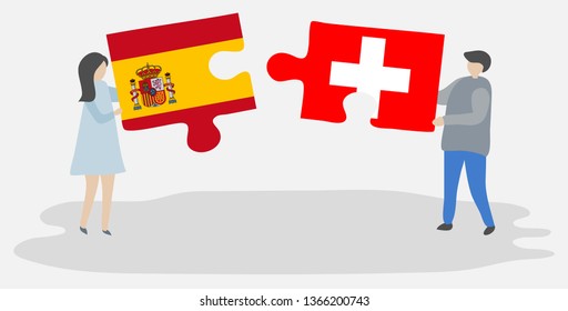 Couple holding two puzzles pieces with Spanish and Swiss flags. Spain and Switzerland national symbols together.