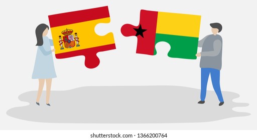 Couple holding two puzzles pieces with Spanish and Bissau-Guinean flags. Spain and Guinea-Bissau national symbols together.