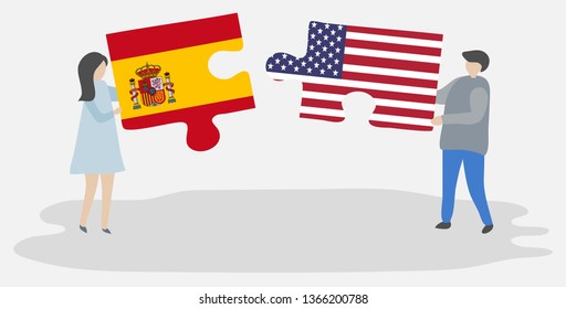 Couple holding two puzzles pieces with Spanish and American flags. Spain and United States of America national symbols together.