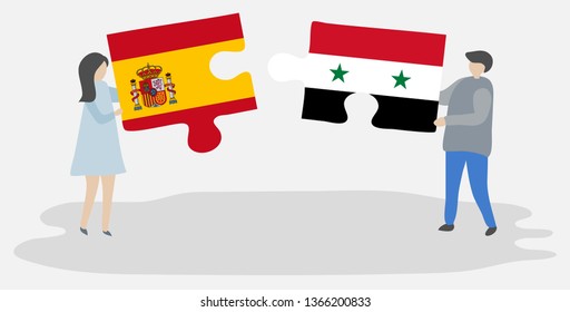 Couple holding two puzzles pieces with Spanish and Syrian flags. Spain and Syria national symbols together.