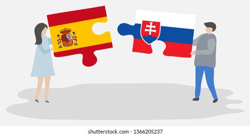 Couple holding two puzzles pieces with Spanish and Slovak flags. Spain and Slovakia national symbols together.