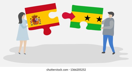 Couple holding two puzzles pieces with Spanish and Sao Tomean flags. Spain and Sao Tome and Principe national symbols together.