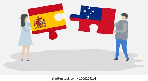 Couple holding two puzzles pieces with Spanish and Samoan flags. Spain and Samoa national symbols together.