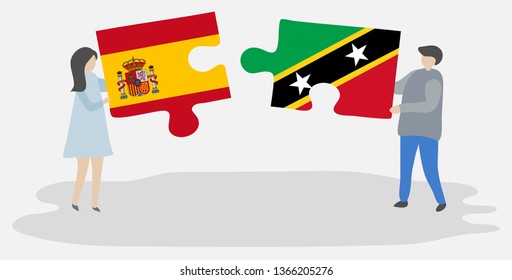 Couple holding two puzzles pieces with Spanish and Kittitian flags. Spain and Saint Kitts and Nevis national symbols together.