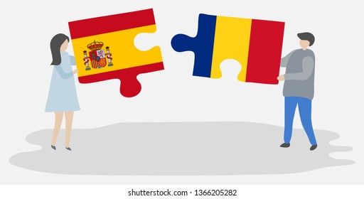 Couple holding two puzzles pieces with Spanish and Romanian flags. Spain and Romania national symbols together.
