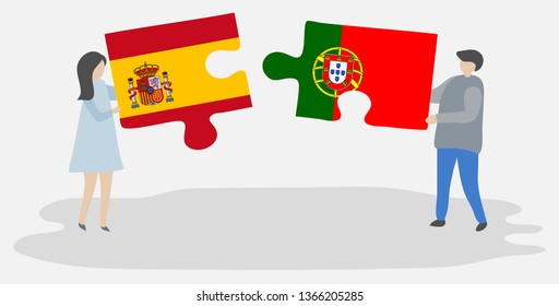 Couple holding two puzzles pieces with Spanish and Portuguese flags. Spain and Portugal national symbols together.