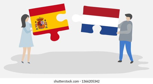 Couple holding two puzzles pieces with Spanish and Dutch flags. Spain and Netherlands national symbols together.