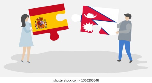 Couple holding two puzzles pieces with Spanish and Nepalese flags. Spain and Nepal national symbols together.