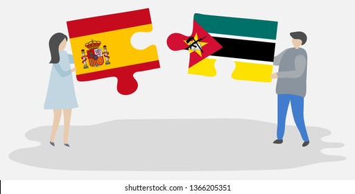 Couple holding two puzzles pieces with Spanish and Mozambican flags. Spain and Mozambique national symbols together.