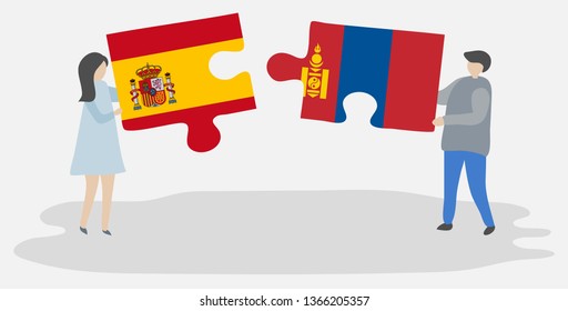Couple holding two puzzles pieces with Spanish and Mongolian flags. Spain and Mongolia national symbols together.
