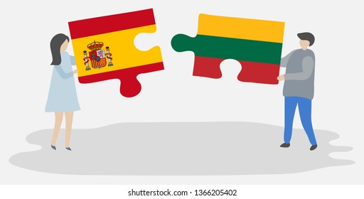Couple holding two puzzles pieces with Spanish and Lithuanian flags. Spain and Lithuania national symbols together.
