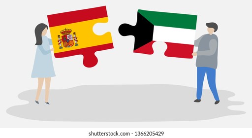 Couple holding two puzzles pieces with Spanish and Kuwaiti flags. Spain and Kuwait national symbols together.
