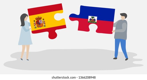 Couple holding two puzzles pieces with Spanish and Haitian flags. Spain and Haiti national symbols together.