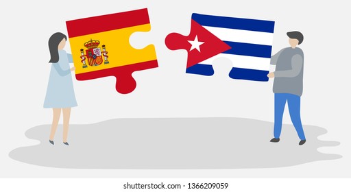 Couple holding two puzzles pieces with Spanish and Cuban flags. Spain and Cuba national symbols together.