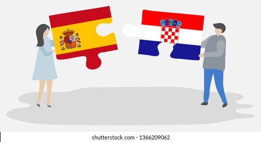 Couple holding two puzzles pieces with Spanish and Croatian flags. Spain and Croatia national symbols together.