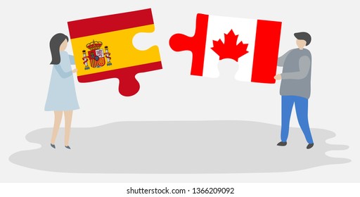 Couple holding two puzzles pieces with Spanish and Canadian flags. Spain and Canada national symbols together.
