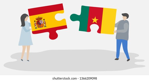 Couple holding two puzzles pieces with Spanish and Cameroonian flags. Spain and Cameroon national symbols together.