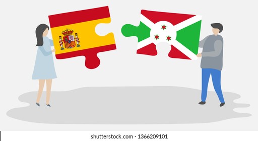 Couple holding two puzzles pieces with Spanish and Burundian flags. Spain and Burundi national symbols together.