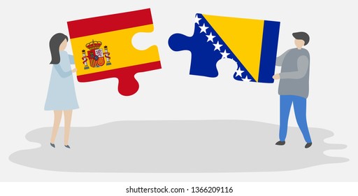 Couple holding two puzzles pieces with Spanish and Bosnian flags. Spain and Bosnia and Herzegovina national symbols together.