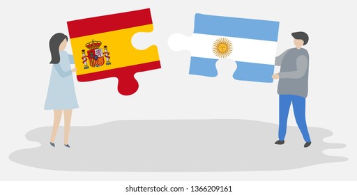 Couple holding two puzzles pieces with Spanish and Argentine flags. Spain and Argentina national symbols together.
