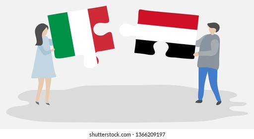 Couple holding two puzzles pieces with Italian and Yemeni flags. Italy and Yemen national symbols together.