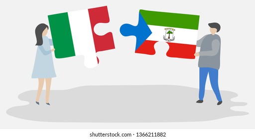 Couple holding two puzzles pieces with Italian and Equatorial Guinean flags. Italy and Equatorial Guinea national symbols together.
