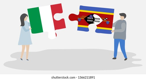 Couple holding two puzzles pieces with Italian and Swazi flags. Italy and Swaziland national symbols together.