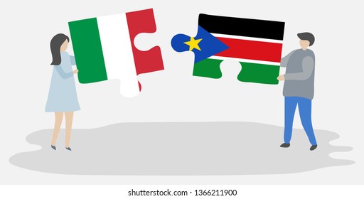 Couple holding two puzzles pieces with Italian and South Sudanese flags. Italy and South Sudan national symbols together.