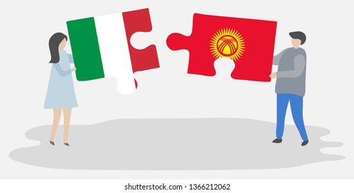 Couple holding two puzzles pieces with Italian and Kirgiz flags. Italy and Kyrgyzstan national symbols together.