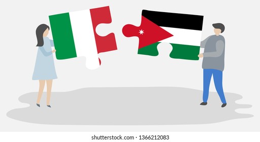 Couple holding two puzzles pieces with Italian and Jordanian flags. Italy and Jordan national symbols together.