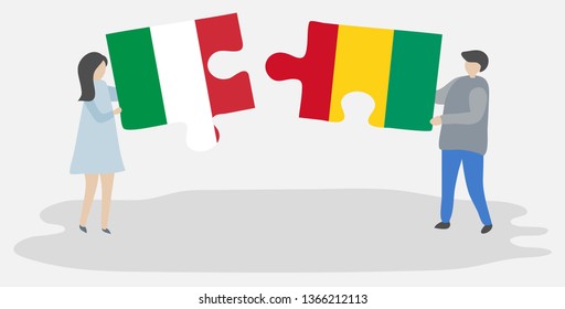 Couple holding two puzzles pieces with Italian and Guinean flags. Italy and Guinea national symbols together.