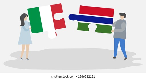 Couple holding two puzzles pieces with Italian and Gambian flags. Italy and Gambia national symbols together.