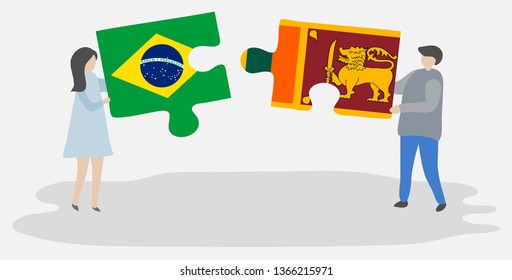 Couple holding two puzzles pieces with Brazilian and Sri Lankan flags. Brazil and Sri Lanka national symbols together.