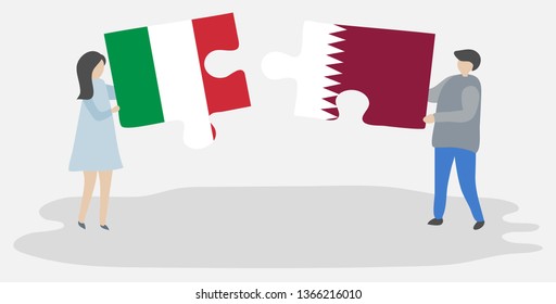 Couple holding two puzzles pieces with Italian and Qatari flags. Italy and Qatar national symbols together.