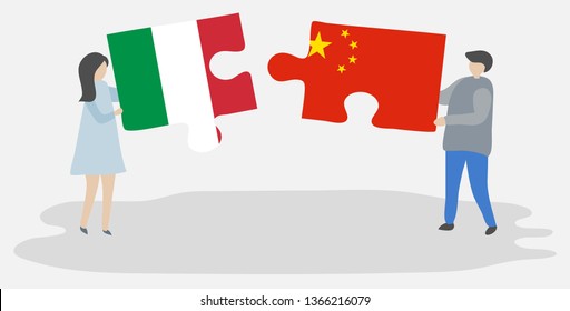 Couple holding two puzzles pieces with Italian and Chinese flags. Italy and China national symbols together.