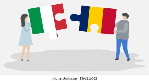 Couple holding two puzzles pieces with Italian and Chadian flags. Italy and Chad national symbols together.