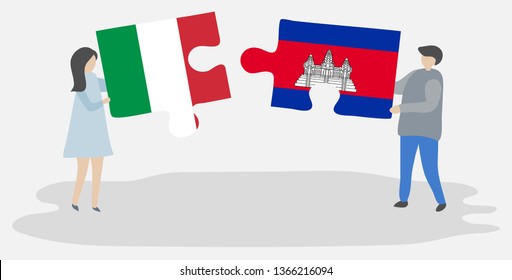 Couple holding two puzzles pieces with Italian and Cambodian flags. Italy and Cambodia national symbols together.