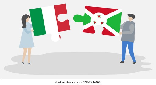 Couple holding two puzzles pieces with Italian and Burundian flags. Italy and Burundi national symbols together.