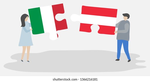Couple holding two puzzles pieces with Italian and Austrian flags. Italy and Austria national symbols together.