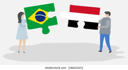 Couple holding two puzzles pieces with Brazilian and Yemeni flags. Brazil and Yemen national symbols together.