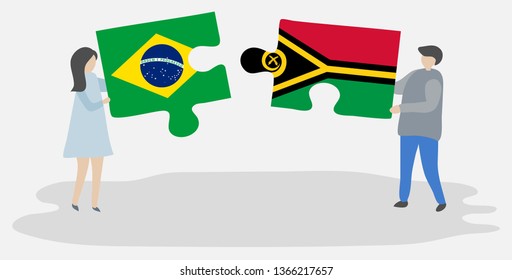 Couple holding two puzzles pieces with Brazilian and Vanuatuan flags. Brazil and Vanuatu national symbols together.