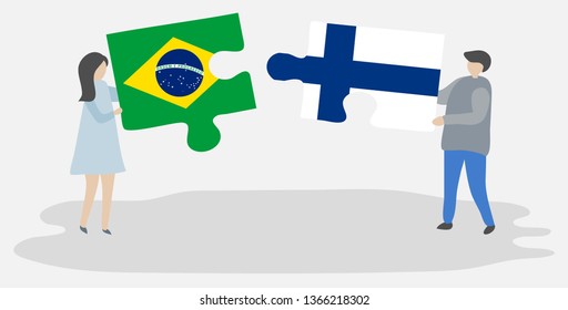 Couple holding two puzzles pieces with Brazilian and Finnish flags. Brazil and Finland national symbols together.