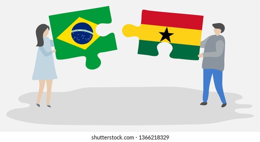 Couple holding two puzzles pieces with Brazilian and Ghanaian flags. Brazil and Ghana national symbols together.