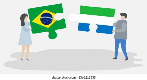 Couple holding two puzzles pieces with Brazilian and Sierra Leonean flags. Brazil and Sierra Leone national symbols together.