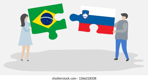 Couple holding two puzzles pieces with Brazilian and Slovenian flags. Brazil and Slovenia national symbols together.