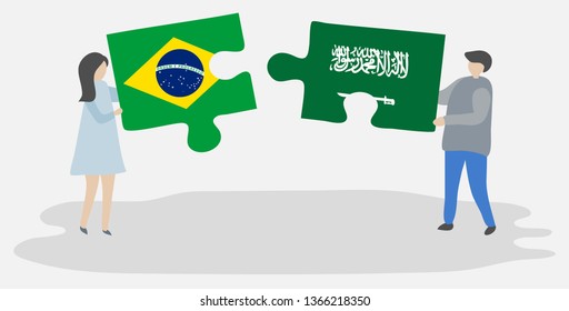 Couple holding two puzzles pieces with Brazilian and Saudi Arabian flags. Brazil and Saudi Arabia national symbols together.