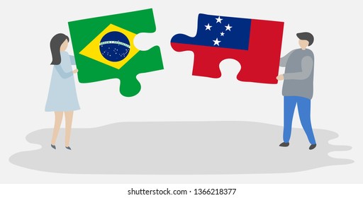 Couple holding two puzzles pieces with Brazilian and Samoan flags. Brazil and Samoa national symbols together.