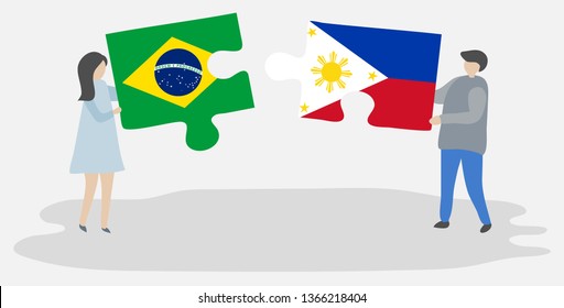 Couple holding two puzzles pieces with Brazilian and Filipino flags. Brazil and Philippines national symbols together.