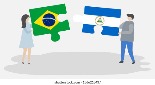 Couple holding two puzzles pieces with Brazilian and Nicaraguan flags. Brazil and Nicaragua national symbols together.